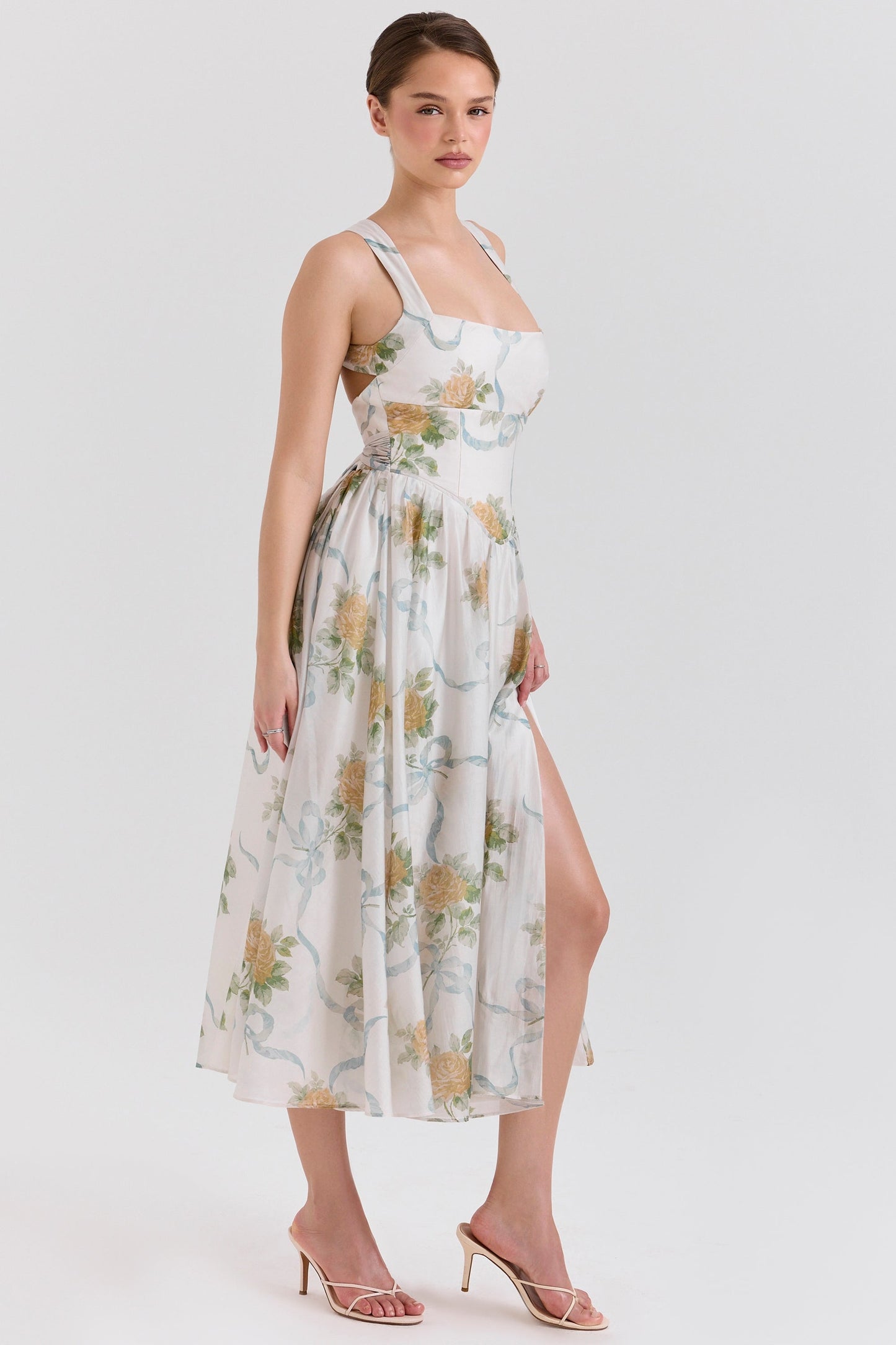 soft blue vintage ribbon print chiffon midi dress