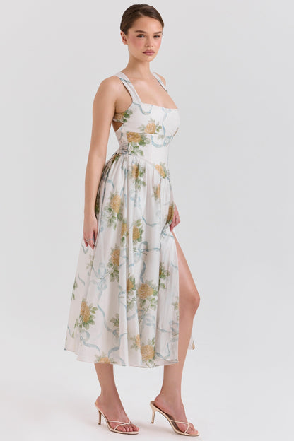 soft blue vintage ribbon print chiffon midi dress