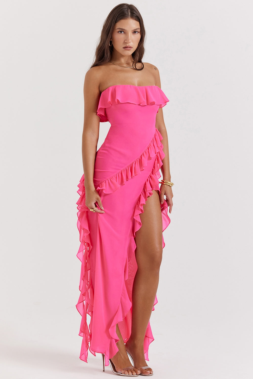 fuchsia ruffle maxi dress