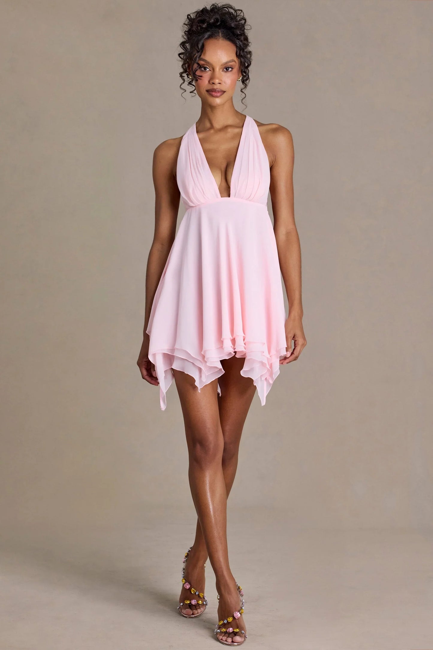 Chiffon Plunge-Neck Open-Back Mini Dress in Baby Pink