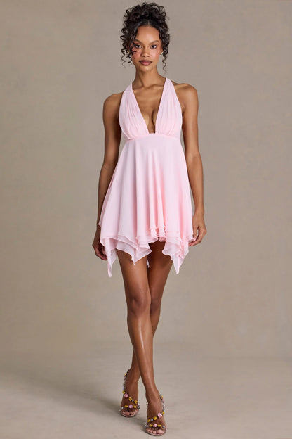 Chiffon Plunge-Neck Open-Back Mini Dress in Baby Pink