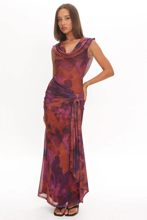 Virgo Season Draped Shoulder Maxi Dress Dark Rose
