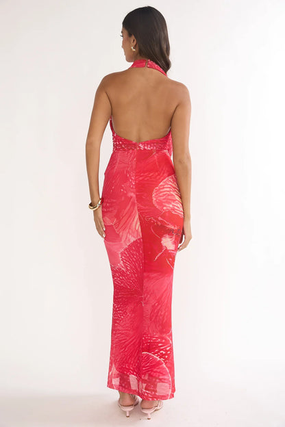 Everra Halterneck Drape Maxi Dress Print Red