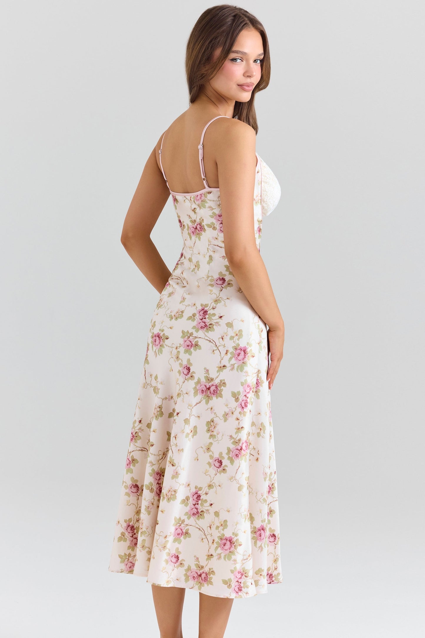 ivory floral print satin bias cut midi dress