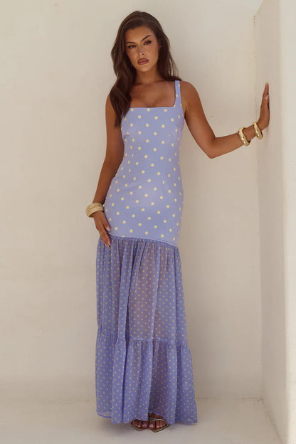 TILLIE SHEER BOTTOM MAXI DRESS - PERIWINKLE/LEMON POLKA
