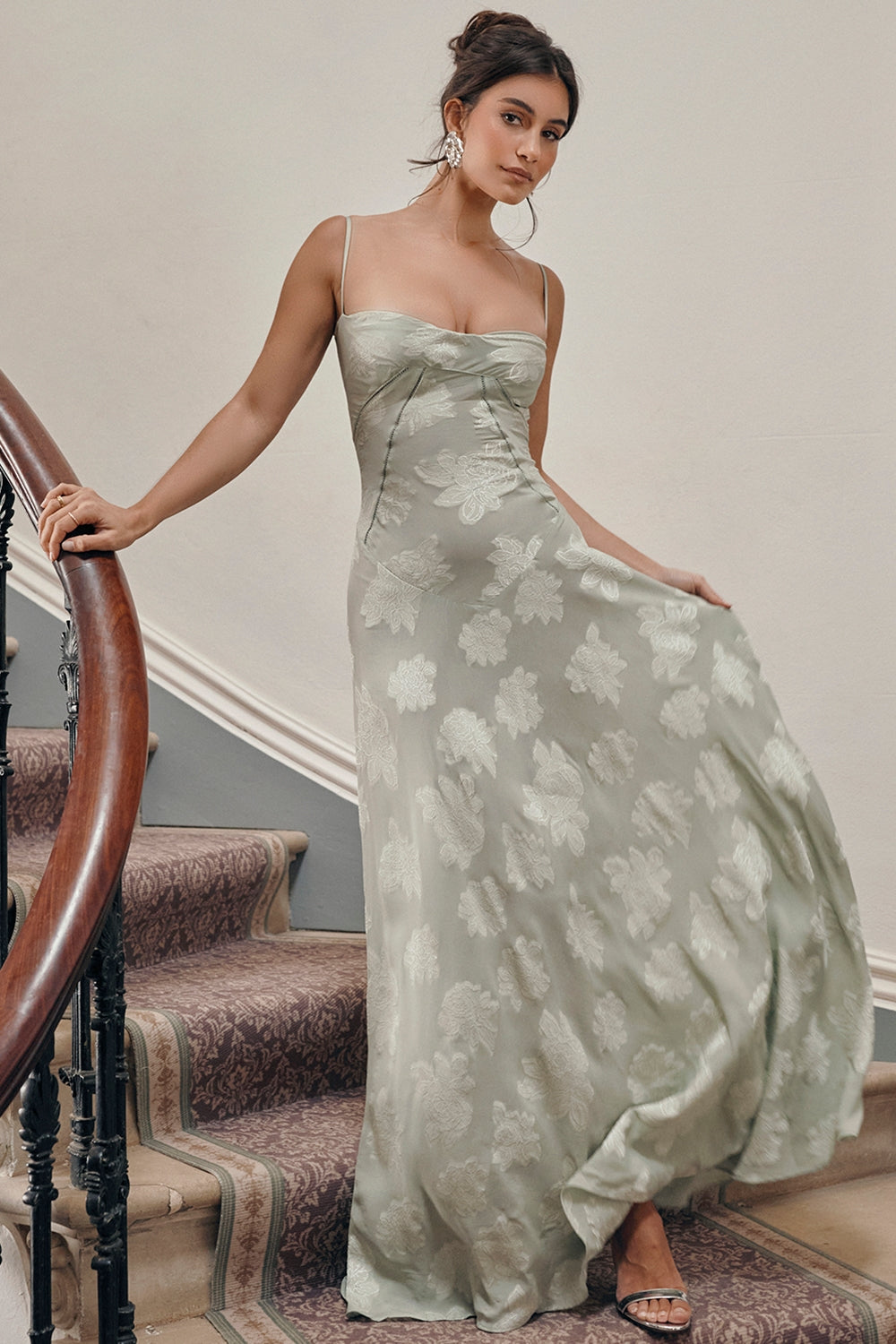 pistachio floral lace back maxi dress