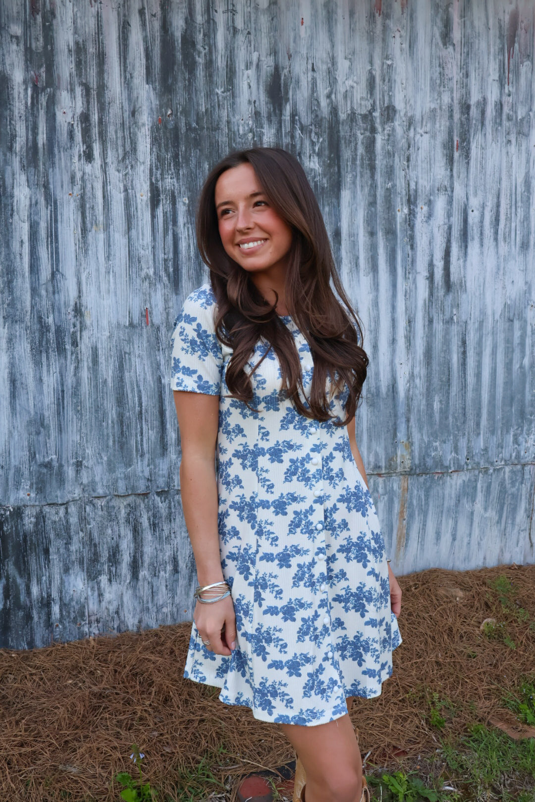 Blue Floral Button Front Mini Dress