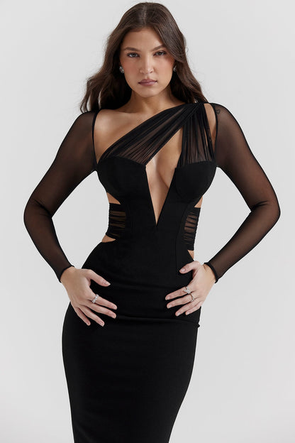 black plunge maxi dress