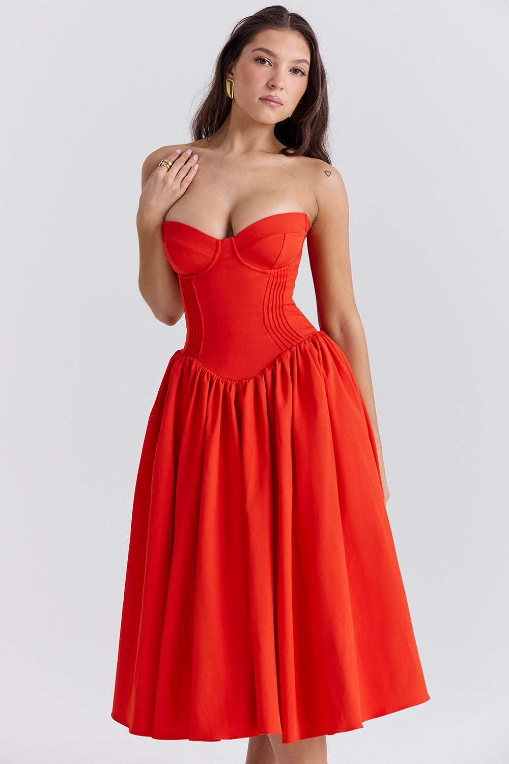 italian tomato strapless midi sundress