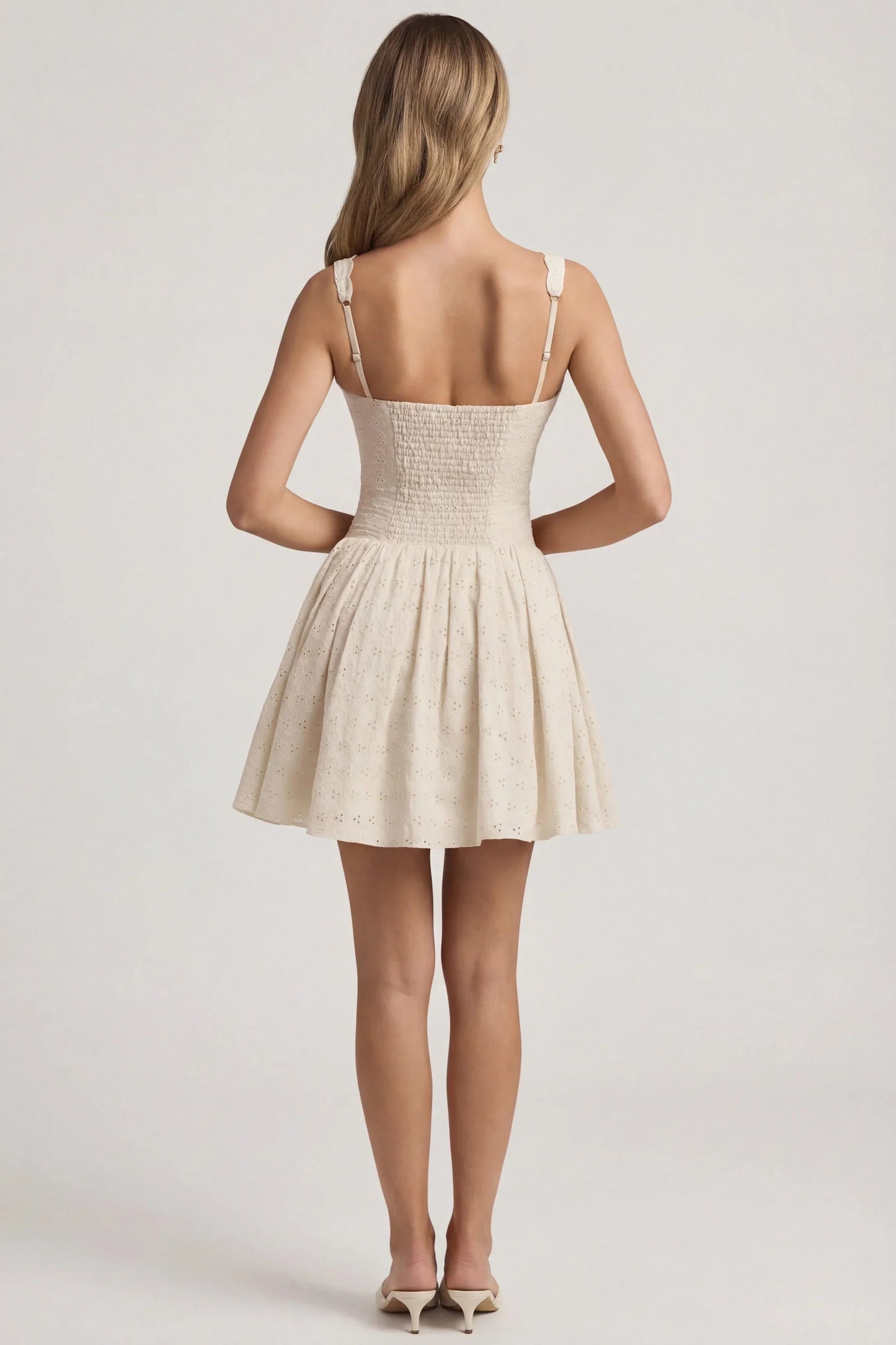 Broderie Anglaise Bow-Detail A-Line Mini Dress in Ivory