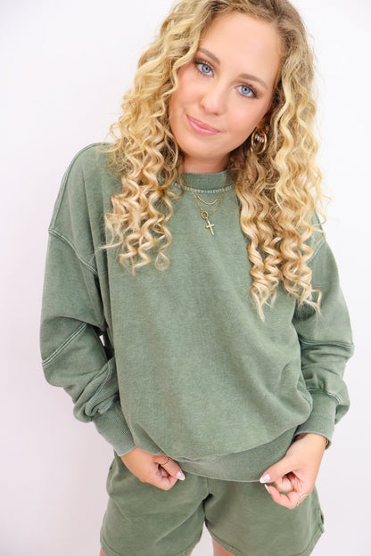 French Terry Pullover and Shorts Set - Washed Olive