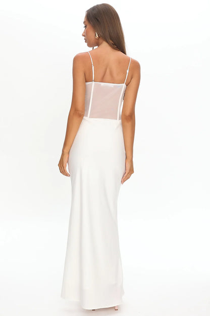 Ismera Sheer Bodice Rosette Maxi Dress White