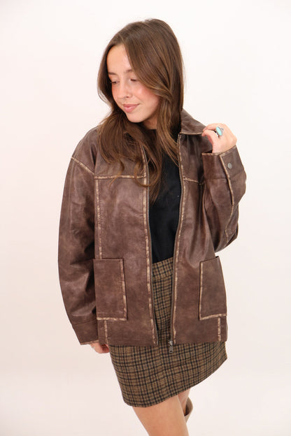 Oversized Brown Faux Leather Jacket