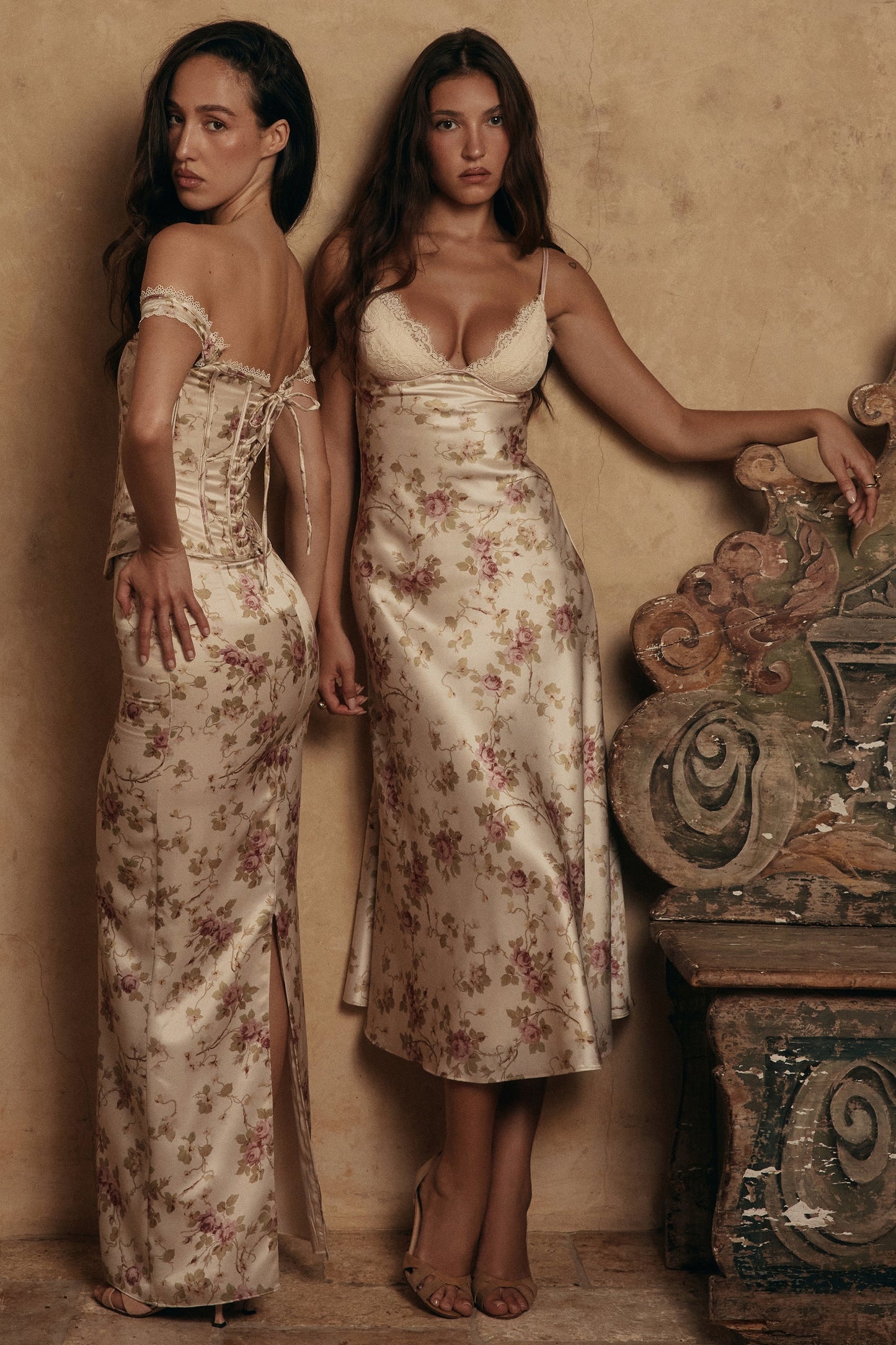 ivory floral print satin bias cut midi dress