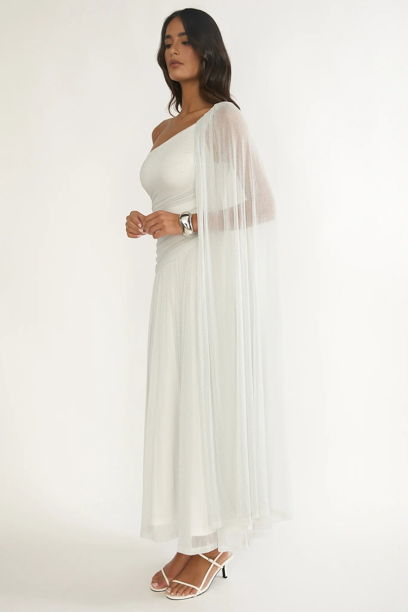 Zorina One-Shoulder Drape Maxi Dress Silver