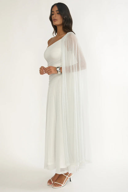 Zorina One-Shoulder Drape Maxi Dress Silver