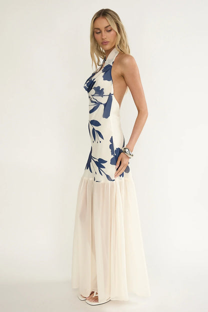 Omaria Cowl Halter Maxi Dress Floral Beige