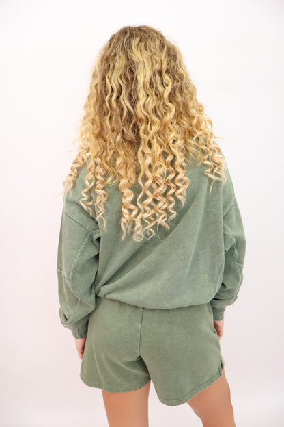 French Terry Pullover and Shorts Set - Washed Olive