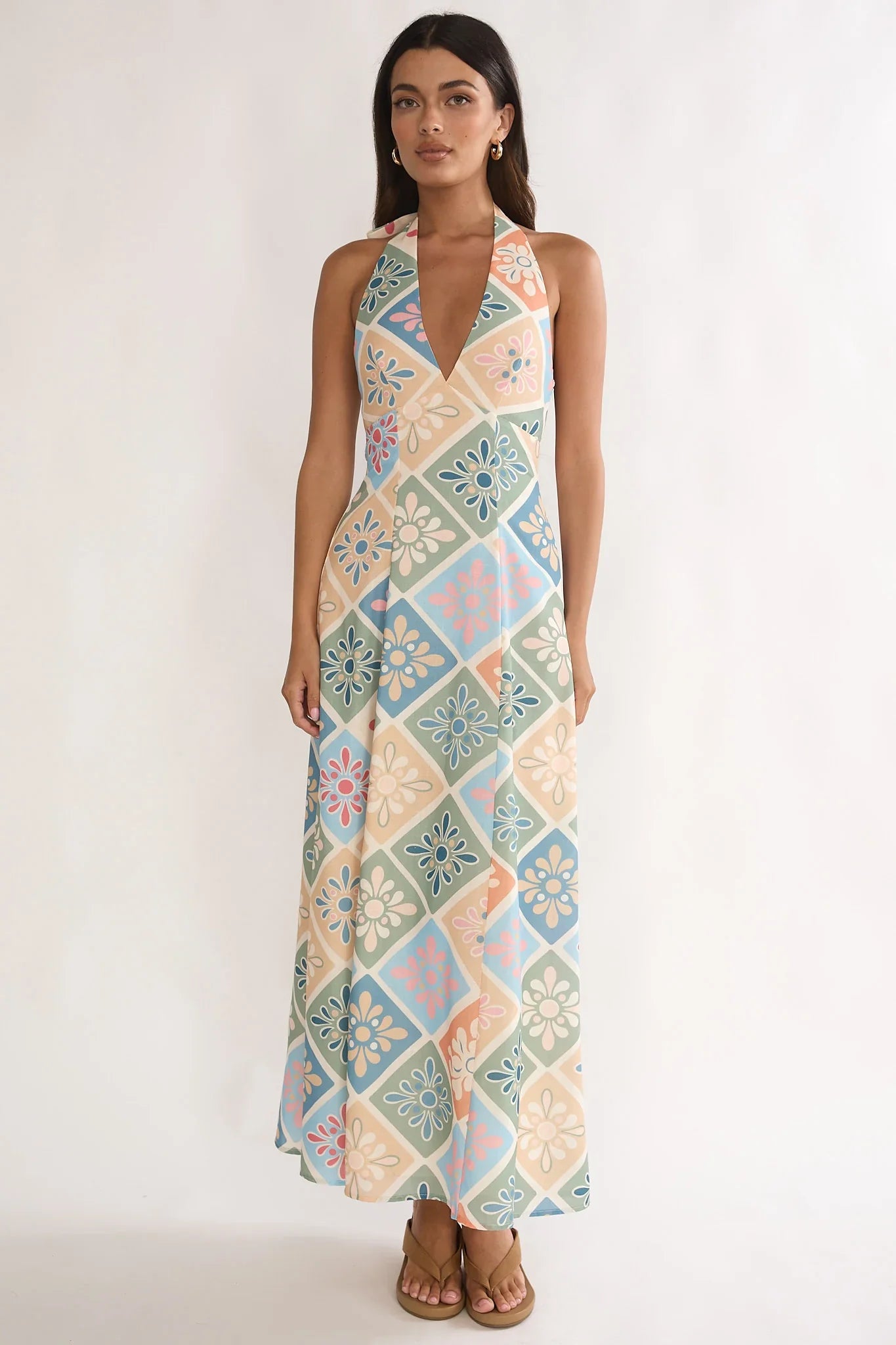 Nolara A-Line Halterneck Maxi Dress Green Multi