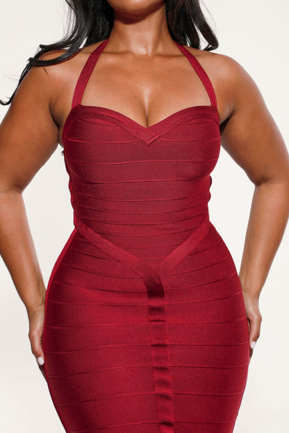 ruby halter neck bandage midi dress