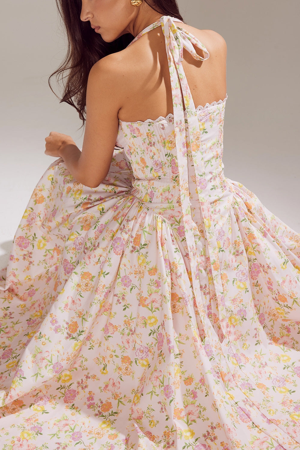 pink meadow print cotton halter midi sundress