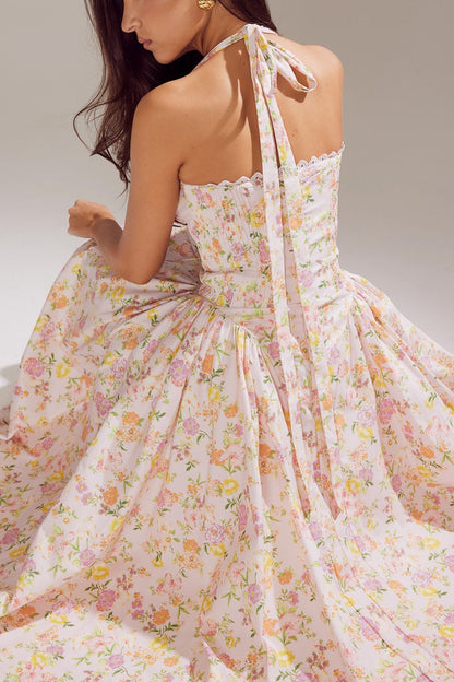 pink meadow print cotton halter midi sundress