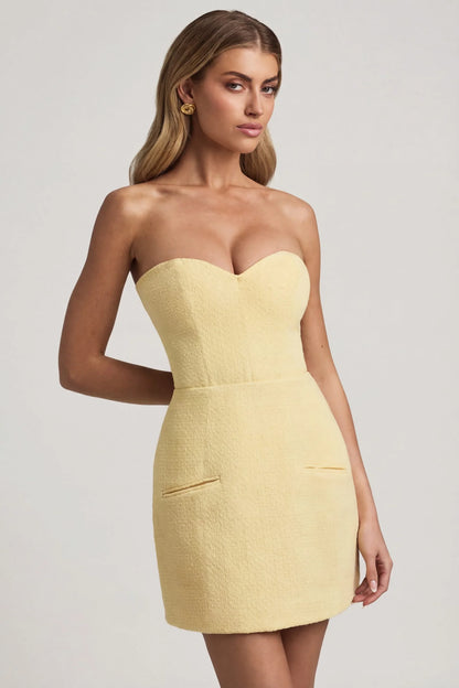 Sweetheart-Neck Strapless Structured Mini Dress in Pastel Yellow