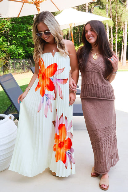 Strapless Pleated Floral Maxi Dress