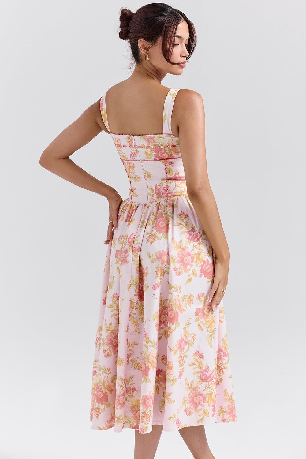 peach poppy print cotton midi sundress
