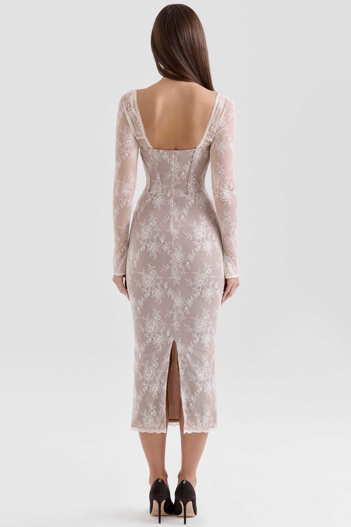 ivory lace long sleeve midi dress