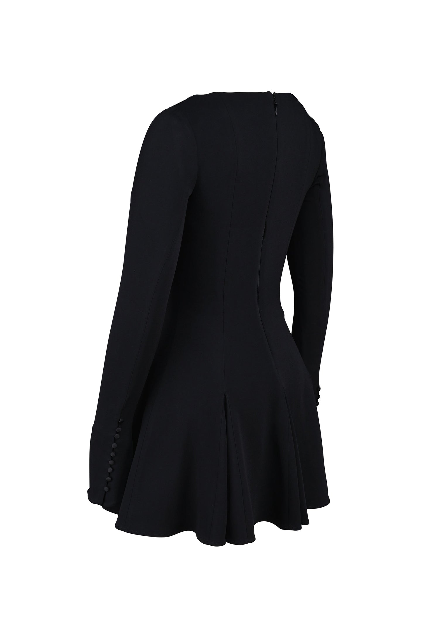 black stretch crepe godet mini dress