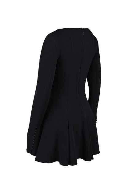 black stretch crepe godet mini dress