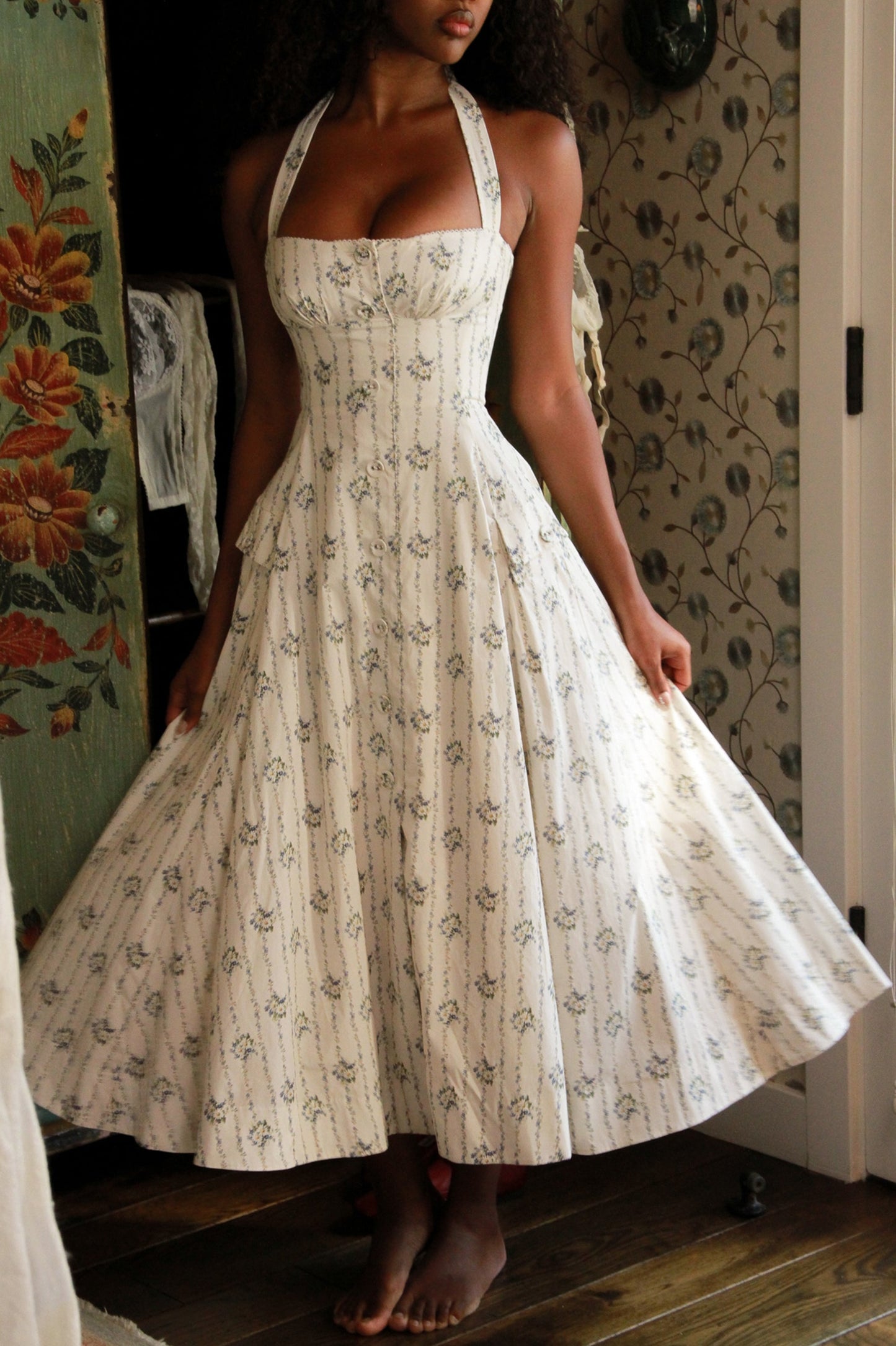 cream daisy print stretch cotton halter neck midi dress