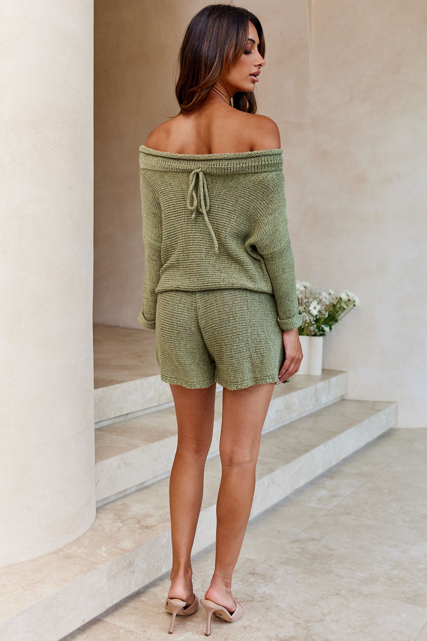 Amris Off-Shoulder Long Sleeve Knit Romper Khaki