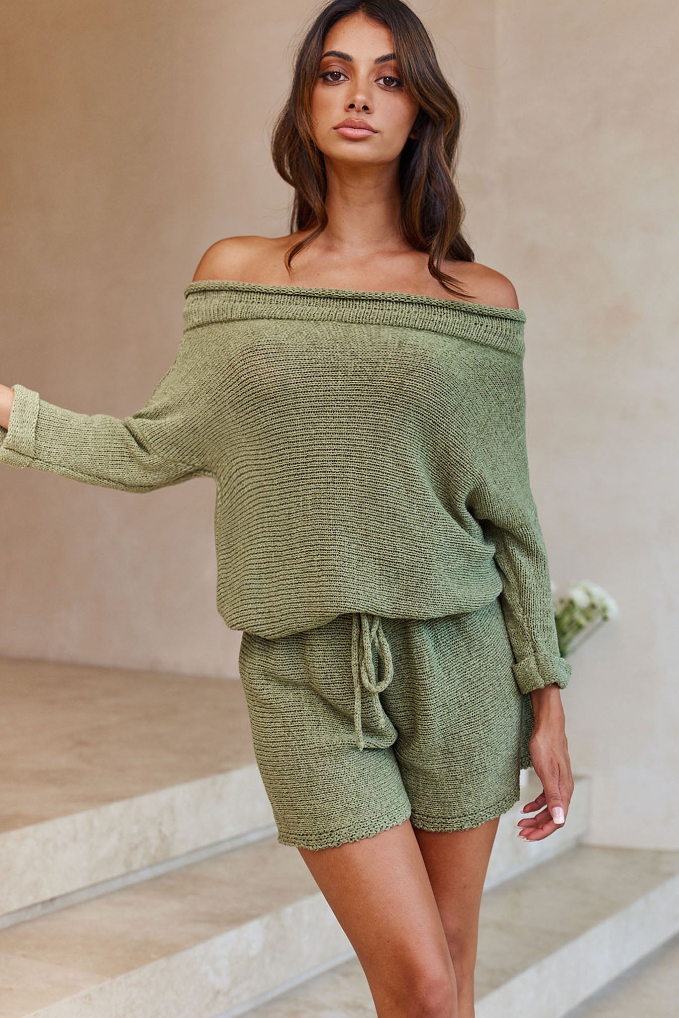 Amris Off-Shoulder Long Sleeve Knit Romper Khaki