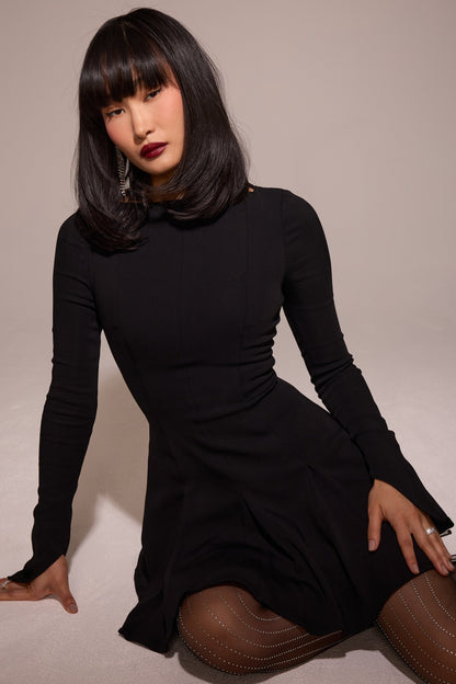 black stretch crepe godet mini dress