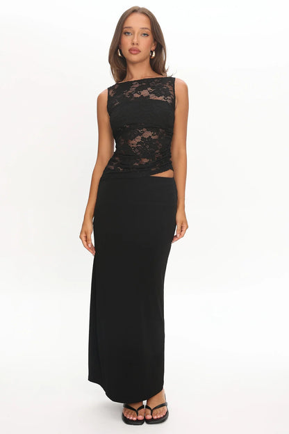 Lorely Ruched Lace Bodice Maxi Dress Black
