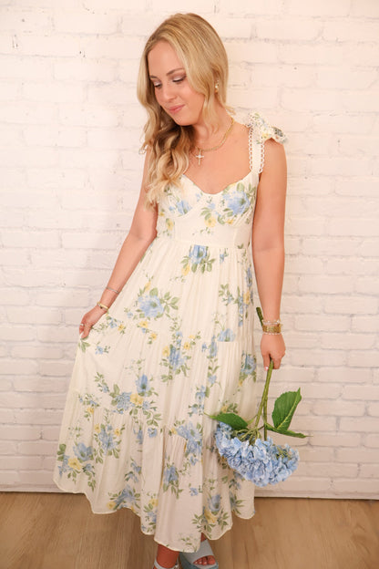 Blue Floral Tiered Shoulder Tie Midi Dress