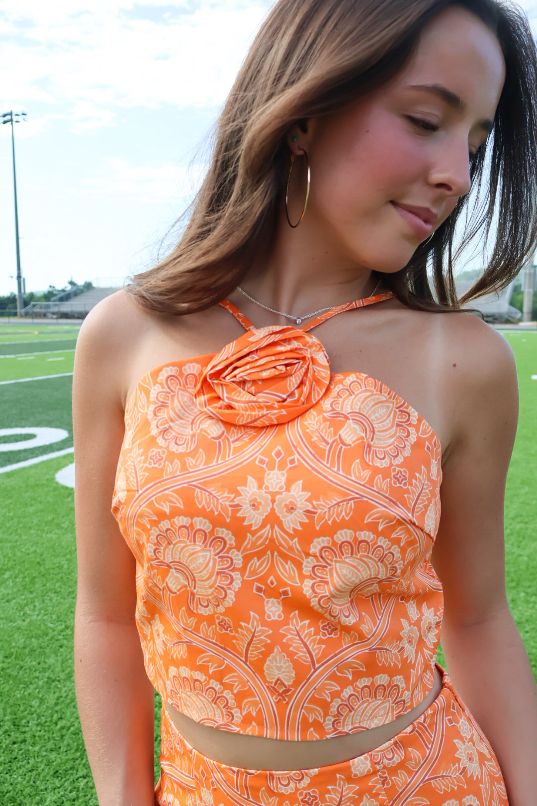 Orange Paisley Crop Top and Mini Skirt Set
