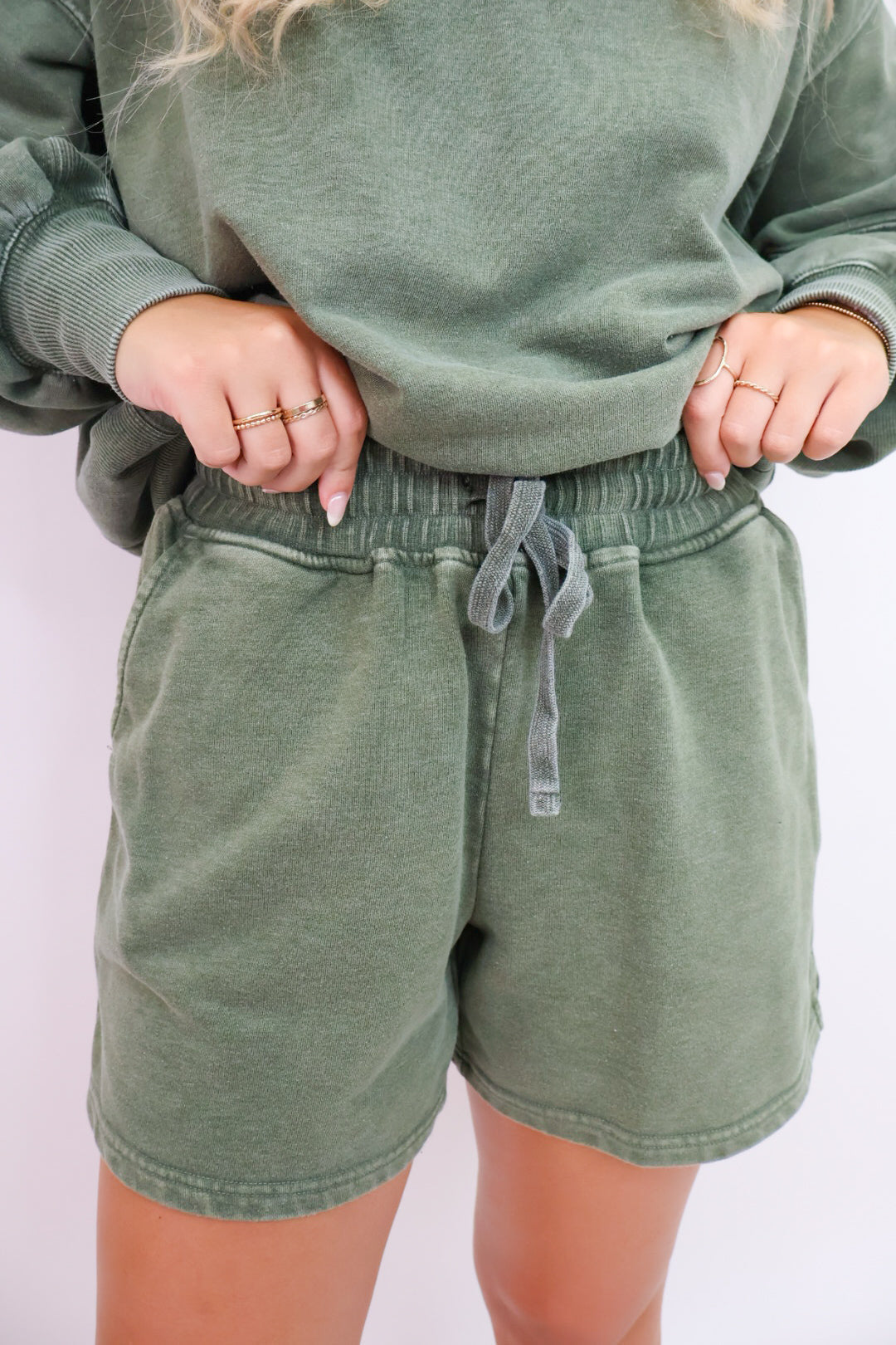 French Terry Pullover and Shorts Set - Washed Olive