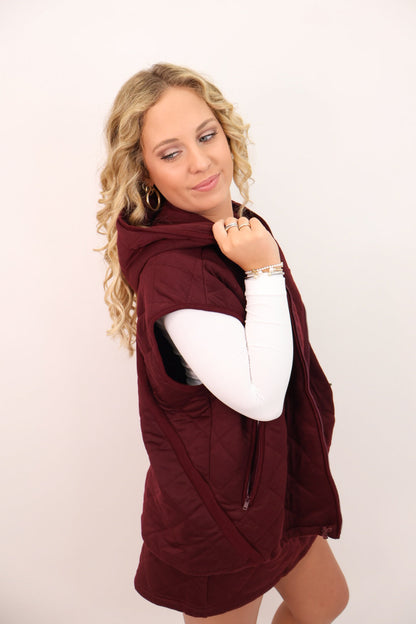 Quilted Skort + Vest Lounge Set - Dark Cherry