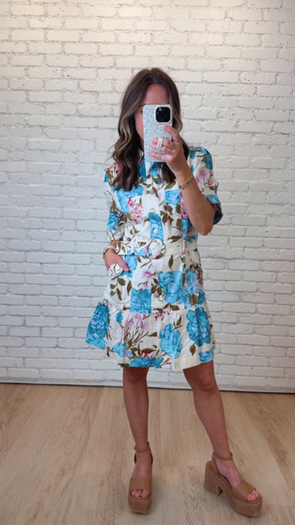 Blue Floral Linen Blend Belted Shirt Dress