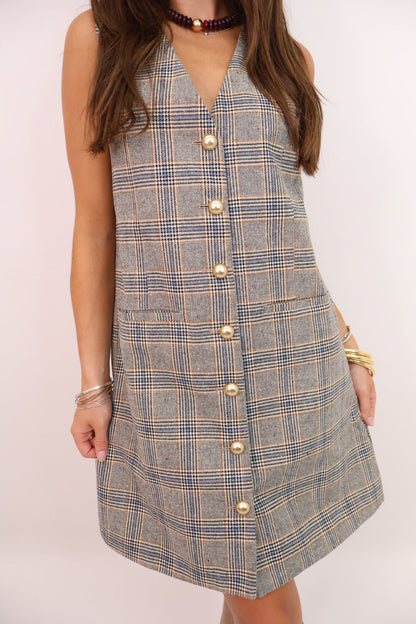 Plaid Button-Front Tailored Dress
