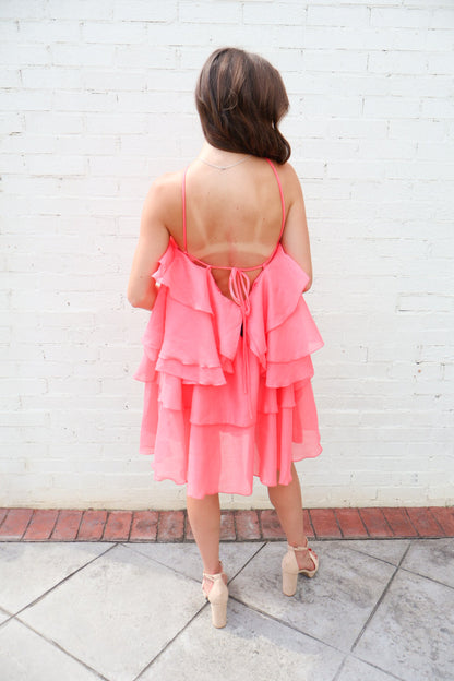 Tiered Rose Bud Halter Dress - Coral