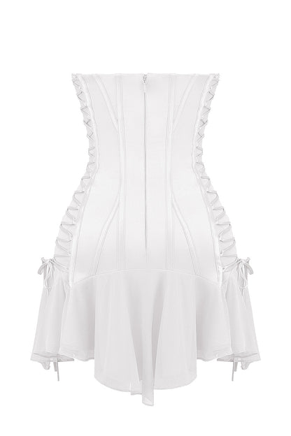 white strapless lace up mini dress