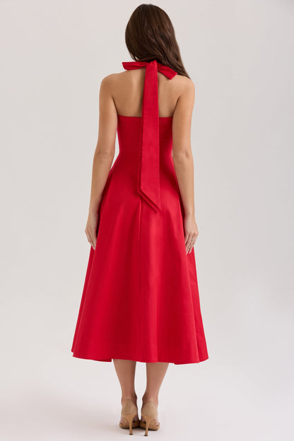 red stretch cotton button halter neck midi dress