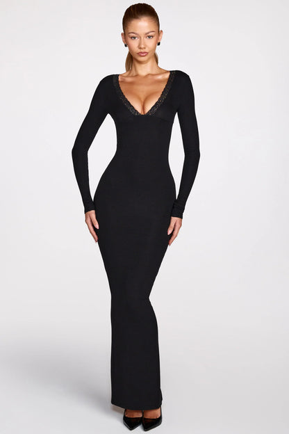 Ribbed Modal Long-Sleeve Plunge Maxi Dress in Black