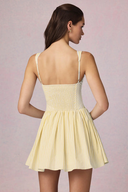 Bow-Detail A-Line Mini Dress in Lemon Yellow Stripe