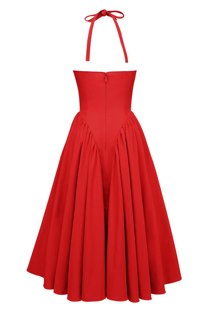 red twill halter midi dress