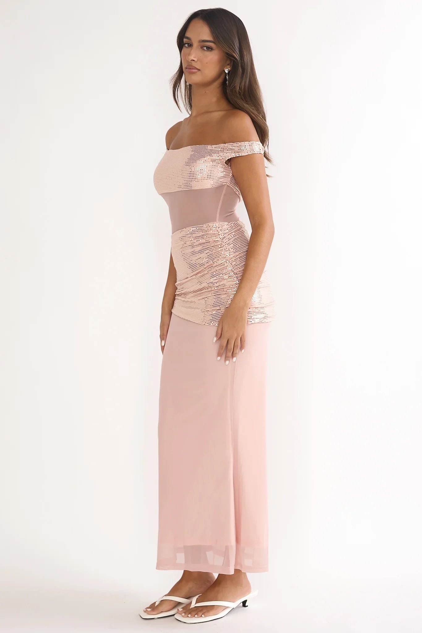 Bellora Off-Shoulder Sequin Trim Maxi Dress Nude